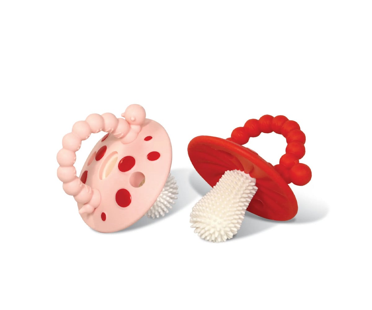 2 Mordedores de Silicona Chompy Mushroom Rojo/Rosa