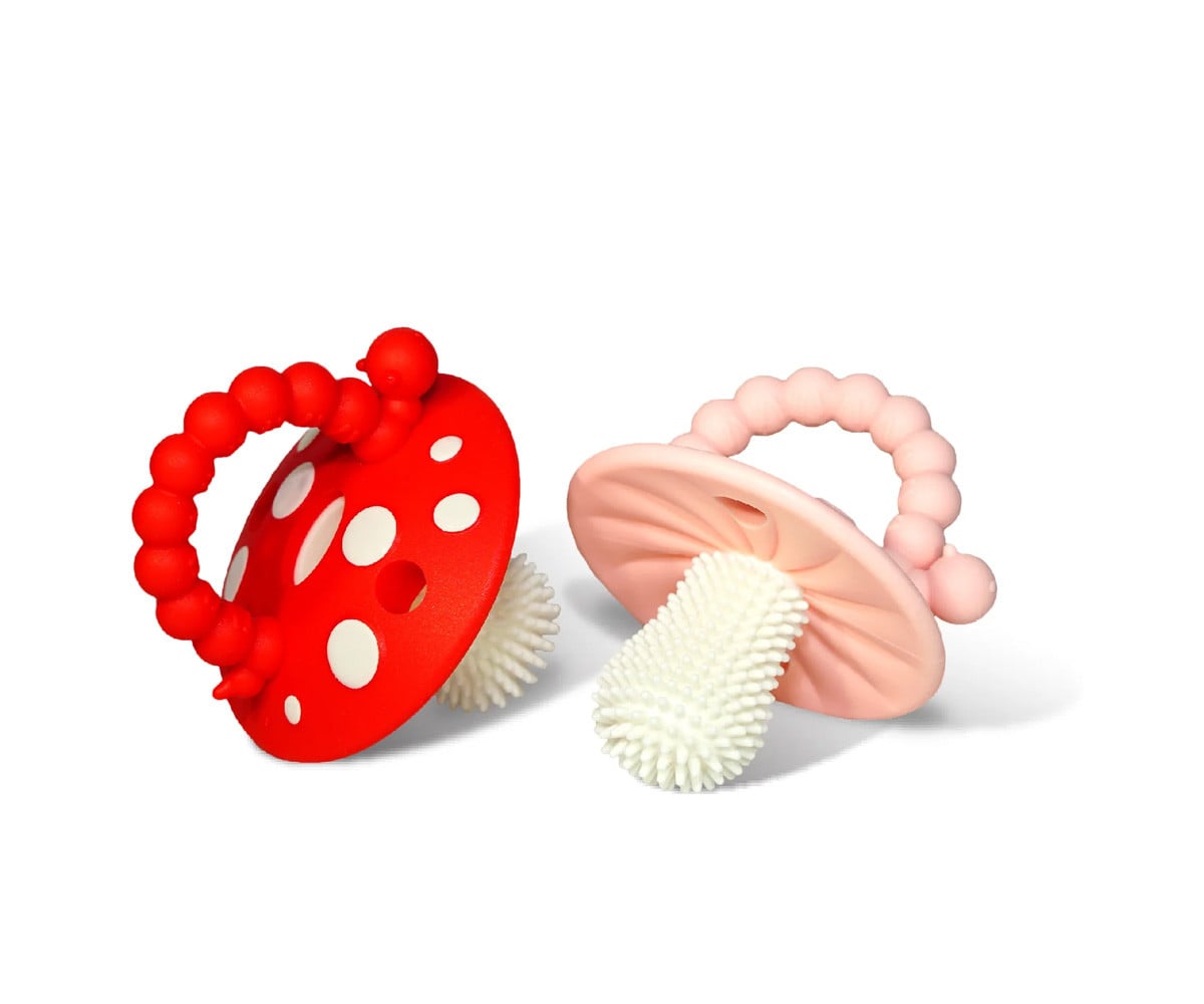 2 Mordedores de Silicona Chompy Mushroom Rojo/Rosa