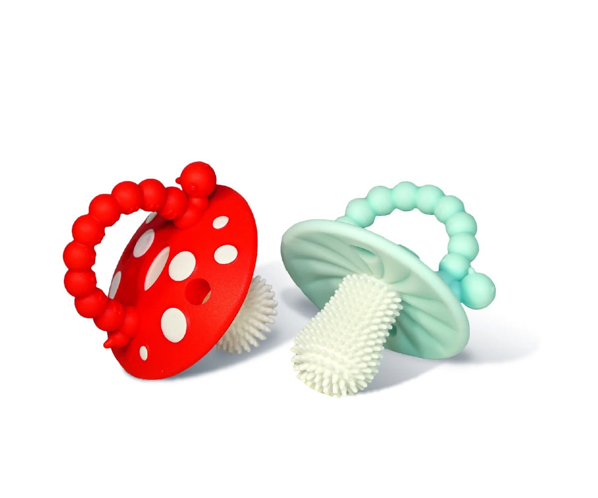 2 Mordedores de Silicona Chompy Mushroom Rojo/Azul