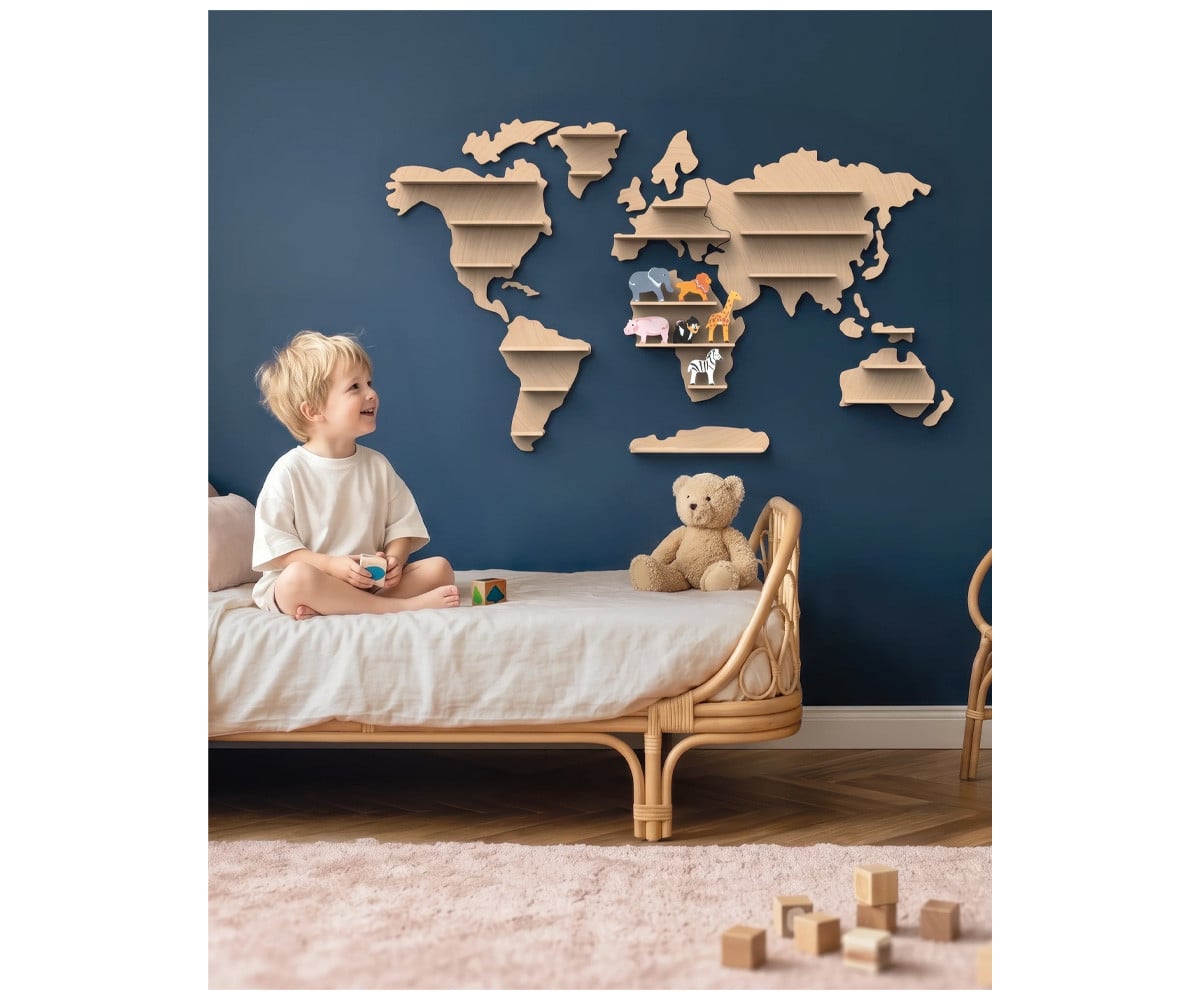 Mappa del Mondo in Legno con Ripiani e 6 Animali