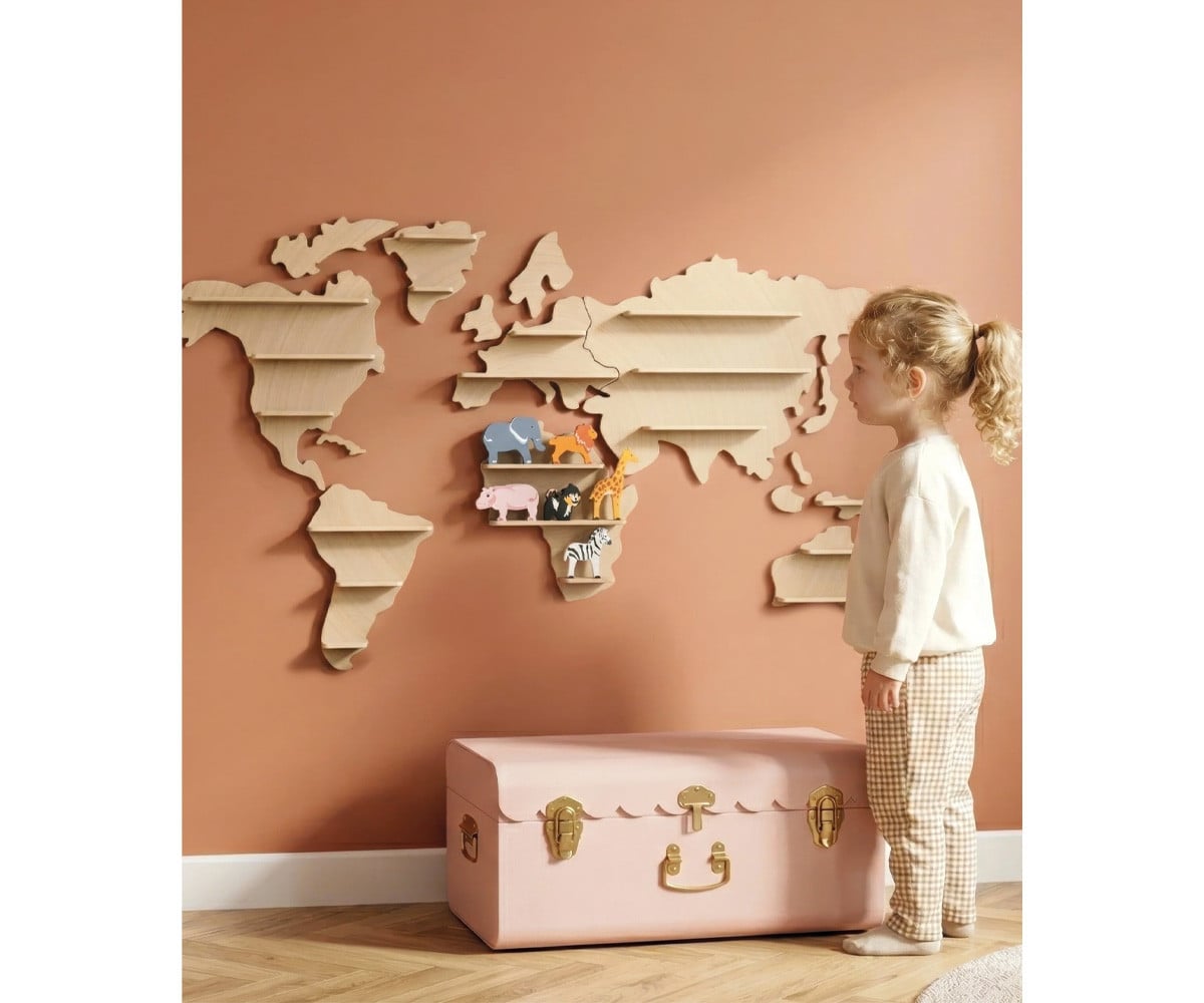 Mappa del Mondo in Legno con Ripiani e 6 Animali